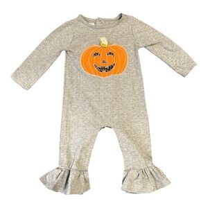 Mud Pie Baby's Halloween Jumpsuit Pumpkin Appliqué Ruffle Hem Gray, Size 6-9M‎